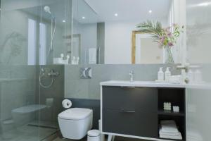 Un baño con inodoro, lavabo y ducha. en Wonderful 2BR2BA flat overlooking Pedro Zerolo S, en Madrid