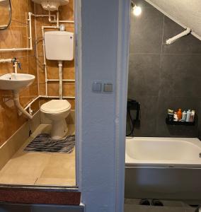Un baño con inodoro, lavabo y bañera. en Apartmani BALKAN, en Sjenica