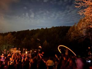 Una multitud de personas sosteniendo luces por la noche. en S'Nekel Hisel - Gîte à Offwiller, 