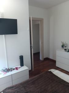 デセンツァーノ・デル・ガルダにあるAPPARTAMENTO LAKE GARDA ibiscus di Franciaのベッドと薄型テレビのある寝室 +25枚の写真