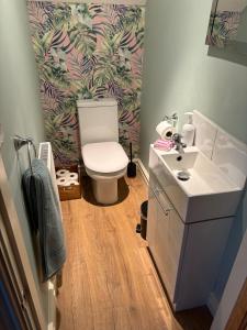 a small bathroom with a toilet and a sink at Hatters Cottage in Bingley