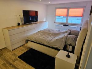 una piccola camera da letto con un letto e una TV a schermo piatto di Sebastian's Chalet Royal a Ötigheim Altre 15 foto