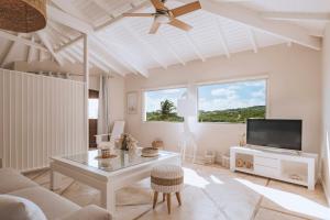 salon z wentylatorem sufitowym i telewizorem w obiekcie La Villa Hibiscus, Saint Martin w mieście Cul de Sac