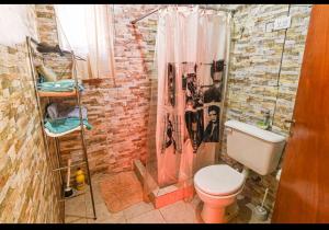 a bathroom with a shower curtain and a toilet at Hospedaje el Gorocito in Caleta Olivia +13 photos