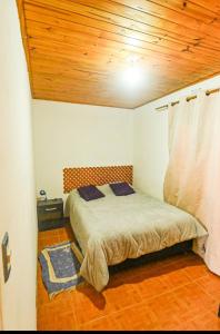 a bedroom with a bed with a wooden ceiling at Hospedaje el Gorocito in Caleta Olivia