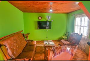 a living room with a couch and a green wall at Hospedaje el Gorocito in Caleta Olivia