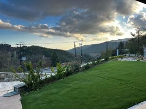 un prato verde con una strada sullo sfondo di ANTHEMIs COTTAGE RED a Kyperounda