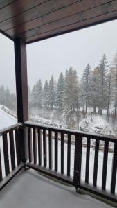 a view of a snow covered yard from a balcony at Casa Dalja in Abetone