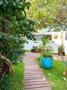 a wooden walkway with a blue pot on the grass at Villa Puglia Jeri in Jericoacoara +103 photos