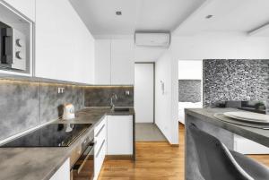 City Bright Apartment with Parking & Balcony في Trnávka: مطبخ مع حوض وطاولة عمل