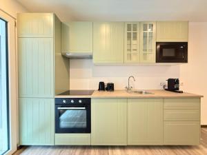 a kitchen with green cabinets and a sink at Treehouse - Alpinlake Apartments in Grünau im Almtal