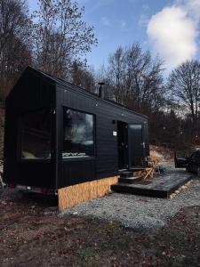 a black tiny house sitting in a field at TogetherNest - Ash in Mătişeşti