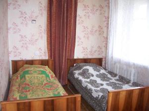 ヤロスラヴリにあるApartment Pisemskogo 46の窓とカーテン付きの客室で、ベッド2台が備わります。