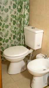 a bathroom with a toilet and a shower curtain at Keóken a la vuelta del casino in Caleta Olivia