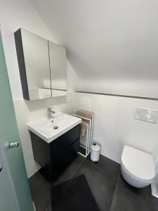 Un baño blanco con lavabo e inodoro. en Lumio Apartment 2, en Karlsruhe