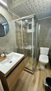 ein Badezimmer mit Dusche, Toilette und Waschbecken in der Unterkunft Aristotelous Elysian House in Thessaloniki + 10 Fotos