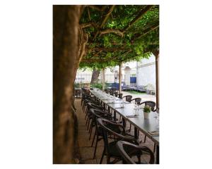 Saint-Rémy-la-VarenneLes chambres de Marcel的树下有一排长桌椅