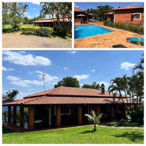 due foto di una casa e di una piscina di Chácara Recanto Verde - Condomínio Vitassay- Boituva a Boituva