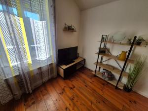 a living room with a television and a window at L'industriel - Lourdes Centre in Lourdes