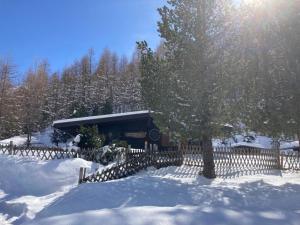 a building covered in snow with a fence and a tree at Bergkristall Hütte in ruhiger Panoramalage in Sankt Sigmund im Sellrain