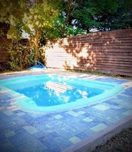 a small blue pool in a yard next to a fence at Vientoafavorcabanas in Chascomús