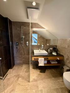 ein Badezimmer mit Waschbecken, Dusche und Toilette in der Unterkunft Dollinger in Innsbruck