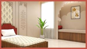 a bedroom with a bed and a window with a plant at Hotel Royal Shivangi Palace - Near Holy Cross Hospital , Masuri Canal Bridge , mussoorie in Dāsna