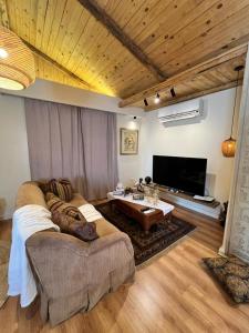 a living room with a couch and a tv at Hathors Terrace Apartment in Luxor