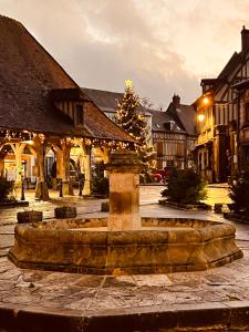 a town square with a fountain in front of a building at Centre historique de LYONS LA FORET Hotel de Maître le Cottage in Lyons-la-Forêt