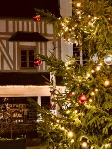 a christmas tree in front of a building at Centre historique de LYONS LA FORET Hotel de Maître le Cottage in Lyons-la-Forêt