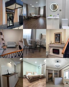 un collage de fotos de una sala de estar y un comedor en Апарт-отель NOMERA, en Uralsk