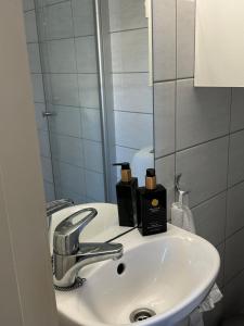 a bathroom sink with two bottles of soap on it at Anekset in Sandefjord