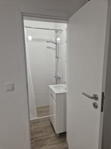 un bagno bianco con doccia e lavandino di Casa Branco a Borba Altre 15 foto