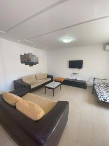 a living room with a couch and a tv at Rim Apartment , Beachfront in Ḩammām al Ghazzāz