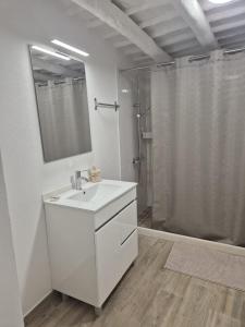 un bagno bianco con lavandino e doccia di Casa Branco a Borba
