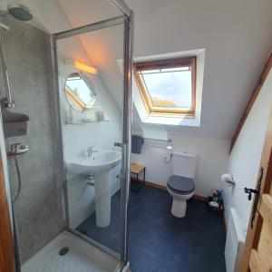 a bathroom with a shower and a toilet and a sink at Moros in Melgven