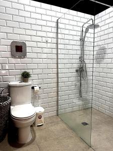 a white bathroom with a toilet and a shower at Apartmento Ópalo in Seville