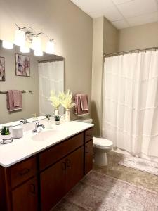 un baño con lavabo e inodoro en The Luxe Loft Boho Chic, en Duluth