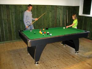 a man and a woman playing a game of pool at Forest Retreat w Sauna in Sysslebäck
