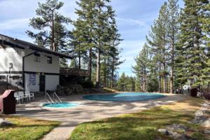 a swimming pool in a yard next to a house at Pine Hill Hideaway in Stateline