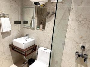 a bathroom with a sink and a toilet and a shower at Naini Lake View The- Gwen -Stays Mall Road - Lake View Rooms Types- Prime Location - Best Luxuary Hotel In Nainital in Nainital