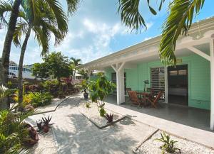 a green house with palm trees and a patio at Ti Verger in Sainte-Luce +2 photos
