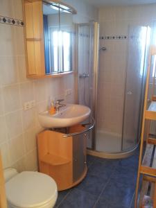 un bagno con doccia, lavandino e WC di Hausboot Levitate im Hafen von Barßel a Barßel