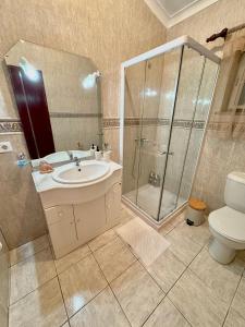 a bathroom with a shower and a sink and a toilet at Zizi home in Biscoitos +10 photos