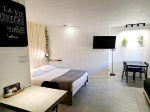 a hotel room with a bed and a table and a tv at SKY - Gîte meublé & confort Drôme - Écolodgîte in Laveyron