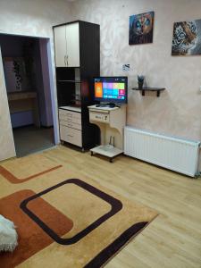 尼古拉耶夫Двокімнатна квартира біля Сіті-центру的客厅配有书桌和电脑