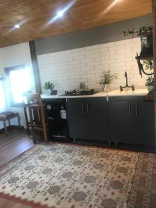 a kitchen with a sink and a stove at Cabina & Tinaja con vista al Rio Maipo in Pirque