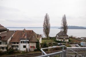 una pareja de pie en el techo de una casa en Lakefront Grand Residence, en Ligerz