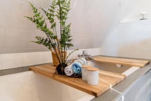 ein Badezimmer mit einem Holzregal mit einer Pflanze darauf in der Unterkunft KüstenGlück in Langballig + 29 Fotos