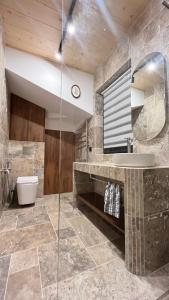 een badkamer met een wastafel en een spiegel bij Za Krzemionką in Maruszyna